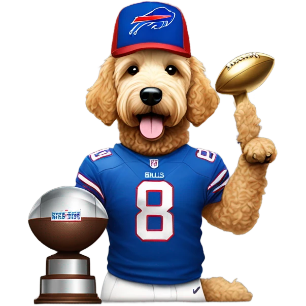 Golden doodle wearing a buffalo bills cap and holding up the Super Bowl trophy  emoji