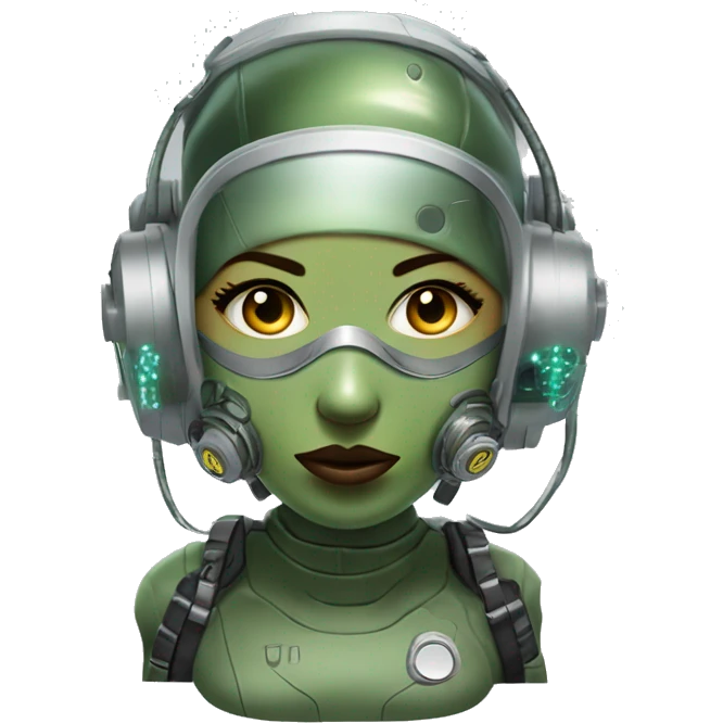 Olive green hair female cyborg head with respirator mask and circuits emoji