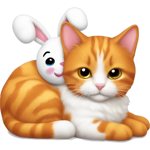 Orange cat holding stuffed animal white bunny for bed emoji