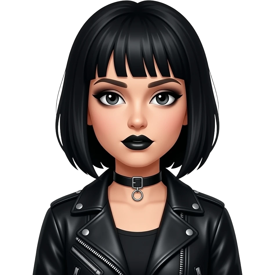 Create an emo girl with black lipstick and mascara with black leather jacket and a chocker facing forward emoji