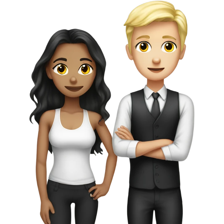 Brunette boy in suit kissing blonde girl in gym leggings and tank top emoji