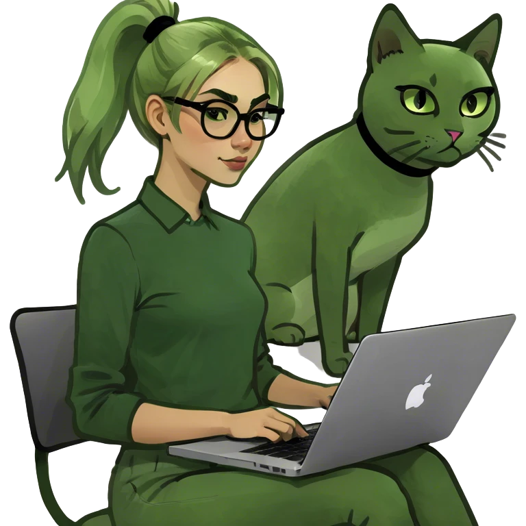 Blonde girl ponytail green eyes with macBook and a cat emoji