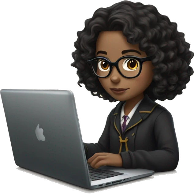 Hermione Granger with black curly hair (hand-tied), and specs, working on laptop emoji