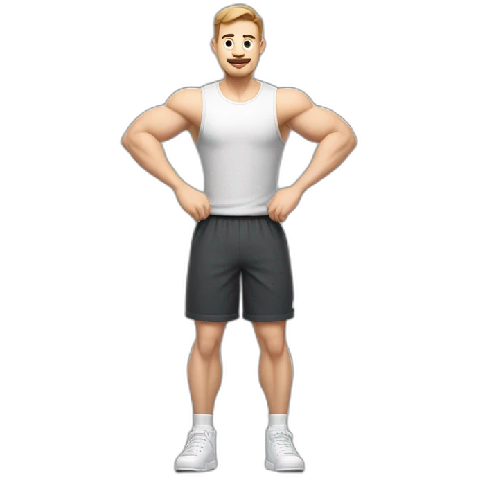 Full height Actively gesturing with hands Pale skinned Fit Man With the biceps and brown hair in dark gray Sleeveless Mike, black oversize sports shorts and white Sneakers emoji