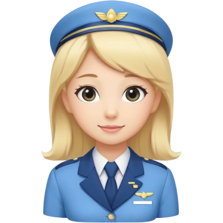 Cute emoji-style Japanese flight attendant, blonde hair long, pastel blue airline uniform, kawaii cartoon style, big eyes, simple clean lineart, pastel colors, chibi proportions, friendly smile, sticker/emoji, transparent background emoji