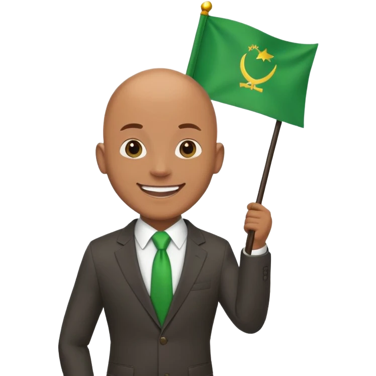 Create a emoji of a man in a suit brown skin with bald holding 1  green flag smiling emoji