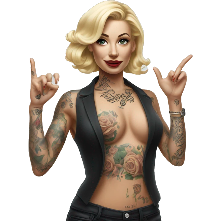 Blonde elegant women, her Body Covered with Tattoos, POINTING YOU with her HAND , Hyper realistic emoji