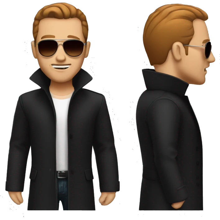 A white dude with red slicked back hair, sunglasses, red chin facial hair no mustache and a black trench coat emoji