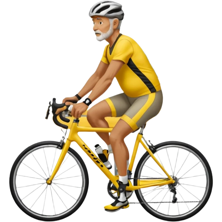 60-year-old man, about 225 lbs, in loose cycling clothes, yellow and black top, straddling grey road bike, graphic design with background as a road with trees emoji