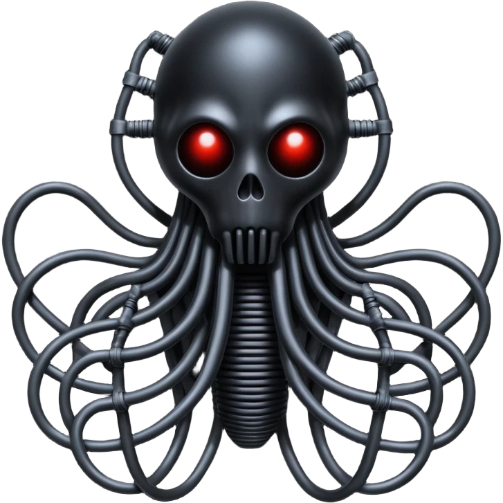 network of dark black wires and tubes forming a surreal occult creature, wrapped in black rags and bondage, Giger-inspired emoji