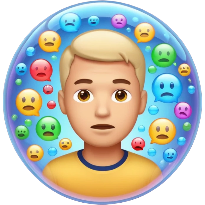 Realistic emoji-style man trapped inside a glowing filter bubble. The bubble contains identical social media icons and repeating content symbols. Outside the bubble are colorful diverse icons he cannot see. The man looks comfortable but unaware, expressing narrow perspective. emoji