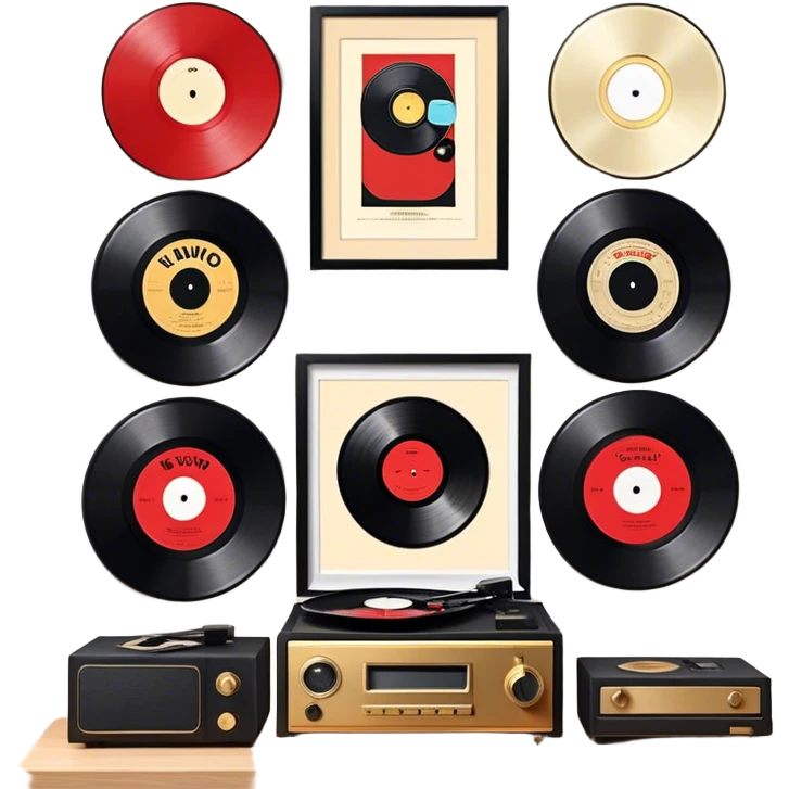 Icon for Vinyl Record Collecting: large black, golden and red vinyl records in decorative packaging featuring artist images, neatly arranged on a wall or shelf, modern vinyl record player. The icon should reflect the aesthetic and artistic aspect of collecting vinyl records. Transparent background. emoji