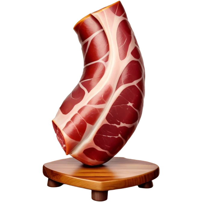 ​Cinematic Realistic Spanish Jamón Leg, depicted as a massive, cured leg of Jamón serrano (ham) with a deep reddish-brown hue, intricately marbled and slightly glossy with age, elegantly displayed on a rustic wooden stand and bathed in warm, soft lighting that accentuates its artisanal heritage, emoji