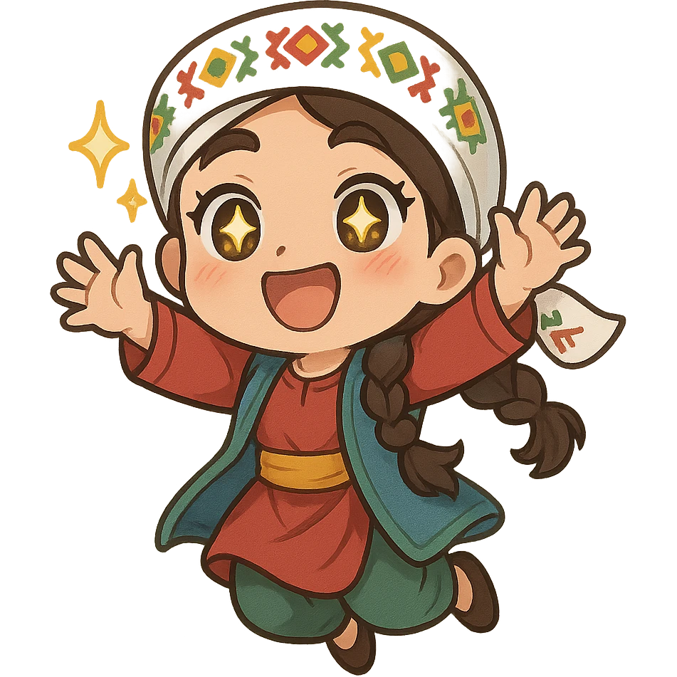 Kurdish man or woman in jamadani, cartoon style, feeling excited, jumping or with sparkling eyes, energetic pose, no text emoji