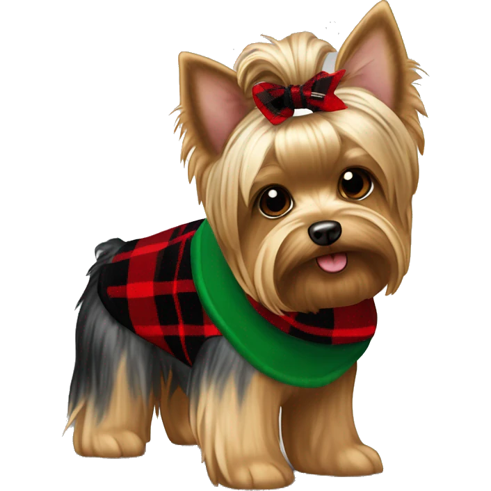 brown and white yorkie with a red and black plaid sweater the a name tag bruno with a green christmas bandana around the neck emoji
