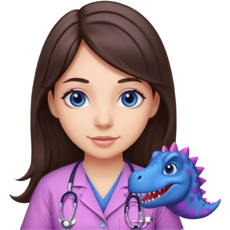 pretty brunette nurse with long hair and blue eyes in pink and purple dinosaur pattern scrubs emoji