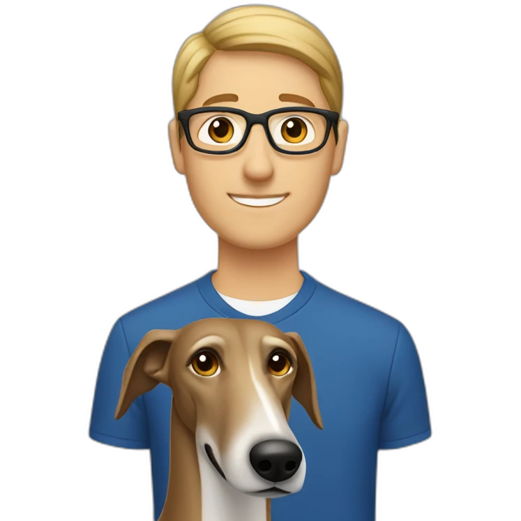Brown Greyhound with man blue euro’s light blonde Brown Hair and glasses emoji