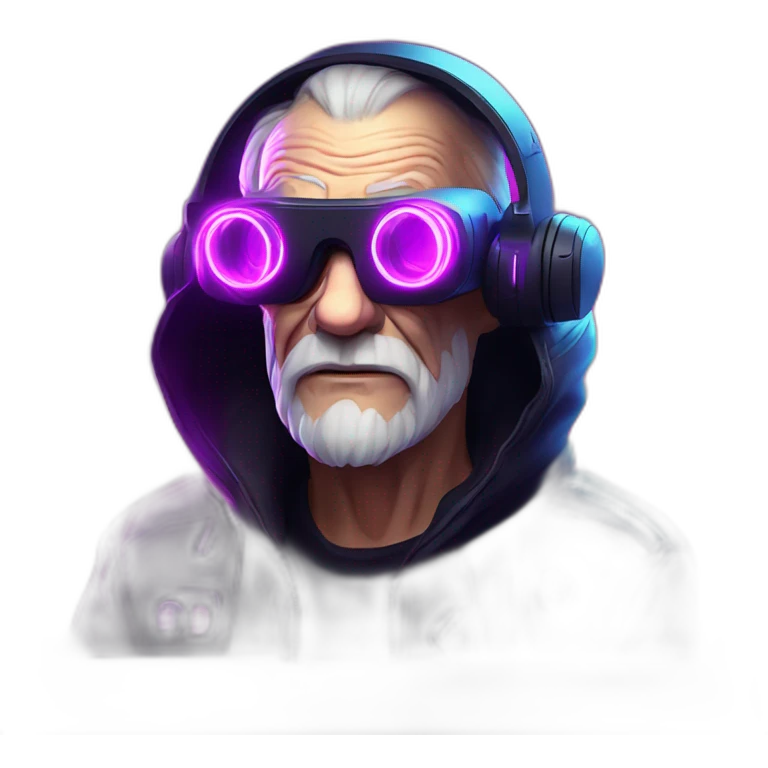 Russian old man wearing a black hoodie with "OMG" letters on it and VR headset in a cyberpunk VR environment with violet neon lighting. emoji