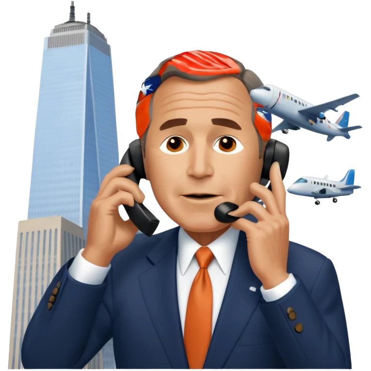  emoji of the world trade center with a plane crashed into it and george bush on a phone in front of them emoji