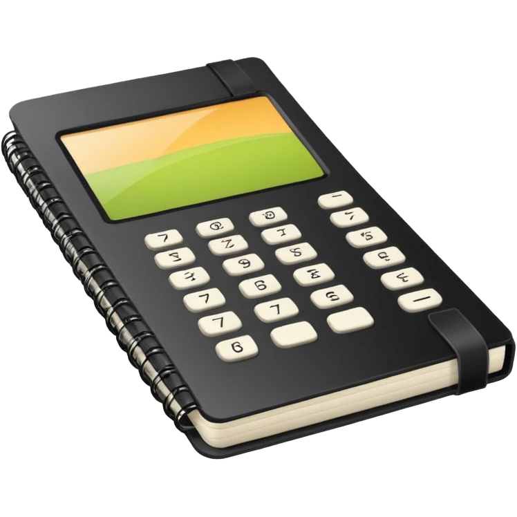 Minimalistic flat vector icon, iOS style, thin black contour on white background. Small black notebook with visible binding, placed next to a calculator. Clean, modern, no text, no shadows. emoji
