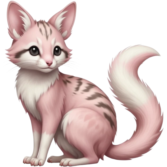 Pastel Pink, white-pointed, soft realistic romantic vintage antique divine beautiful elegant pretty precious cute young youthful  Fakémon-Pokémon-opossum-feline-mouse-serval-caracal-chinchilla-Minccino-Cinccino-Meowstic-rodent-hybrid-creature with a big fluffy bushy tail (full body) emoji