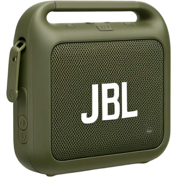 Simple JBL Go Clip 4 portable speaker, military green color, minimal design, iOS emoji style emoji