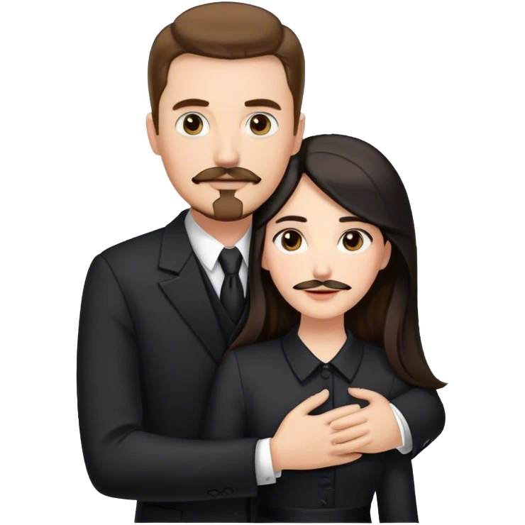 tall white man with brown hair goatee mustache hugging a pale woman with long black hair, wearing formal clothing emoji