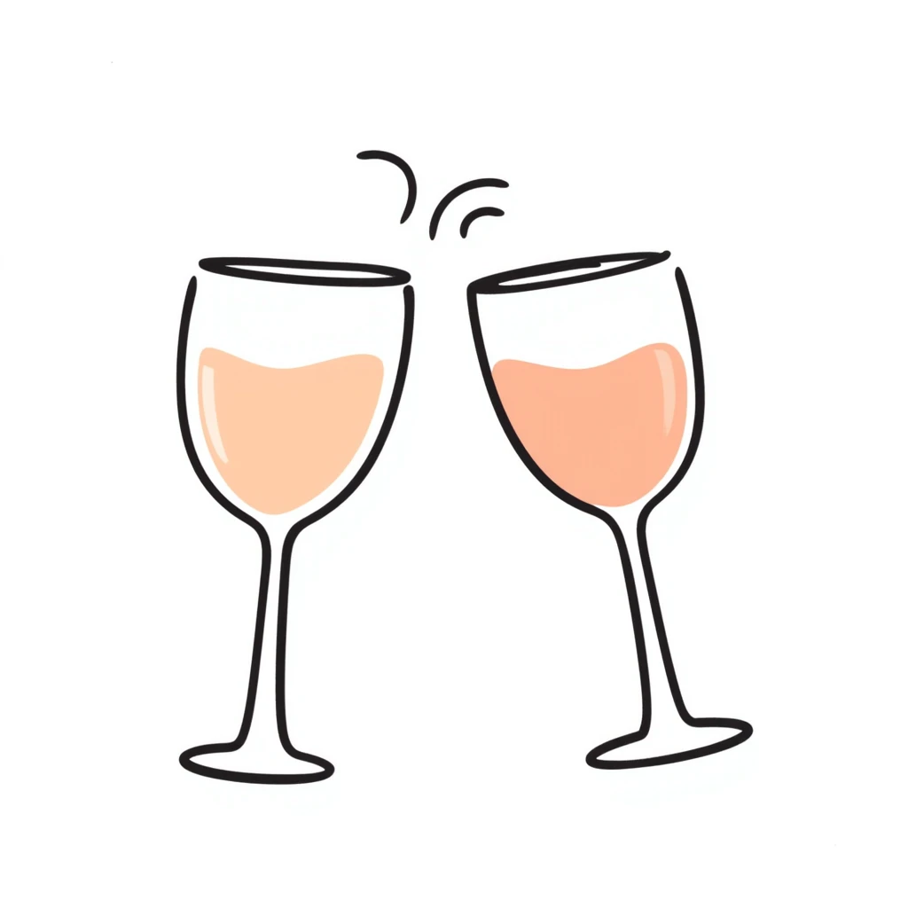a pair of elegant goblets or wine glasses clinking together, pastel colors dd9fb0, ffc6d3, a3bfc9, c4bee2, f1b091, detailed hand-drawn doodle style emoji
