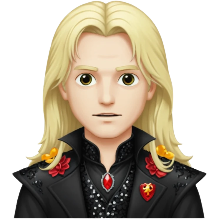 Alucard ,Son of Dracula with long blonde hair, black sequin outfit emoji