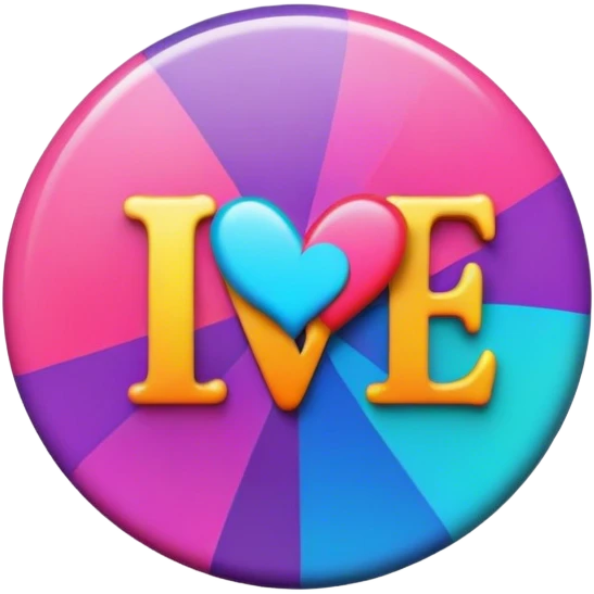 A round psychedelic colored button that says love emoji