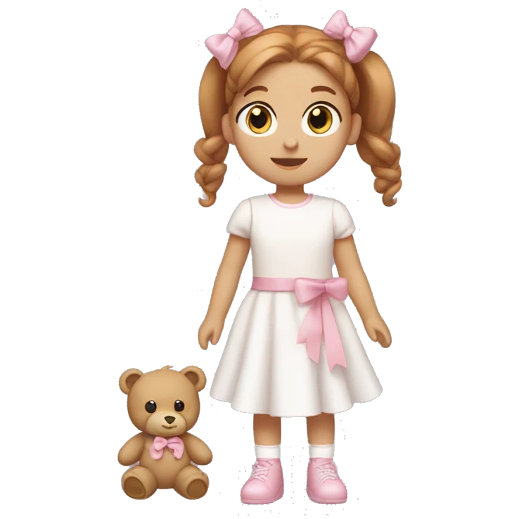 Little Girl with White skin, blue eyes. Light brown and red hair in two ponytails, with light pink bows.  She is wearing a light pink and White dress, standing and holding a teddybear with a pink bow. emoji