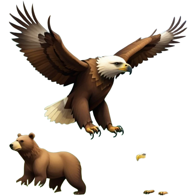 Collage of wild animals: a majestic bear in a lush green forest, a soaring eagle in the sky. A vibrant and detailed nature scene, capturing the beauty of wildlife. Transparent background. emoji