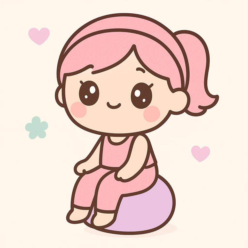a pink pilates girl, kawaii style, big eyes, pink headband, sitting on a pilates ball emoji