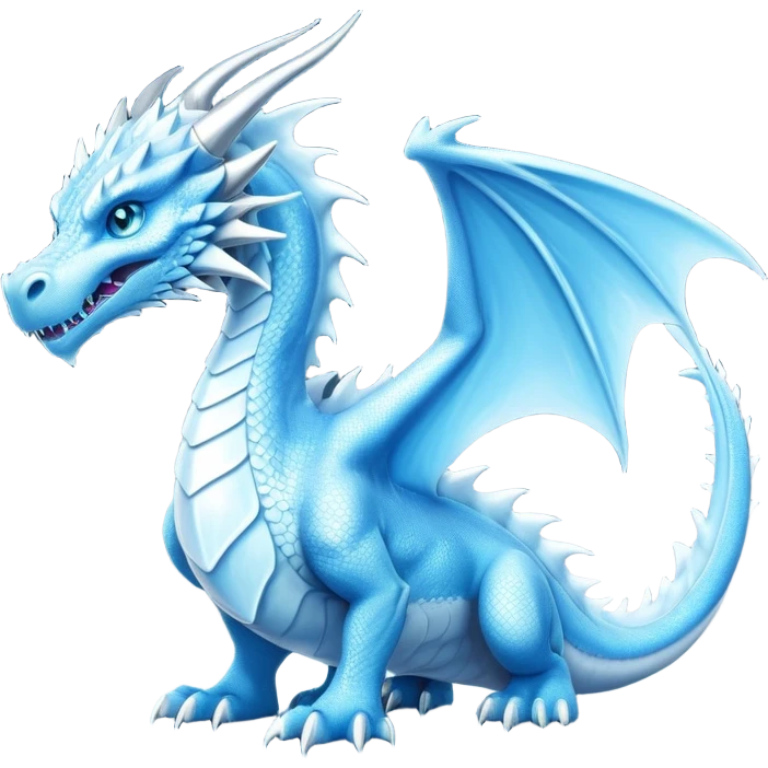 Cinematic Noble wise elegant Ice Dragon full body  Emoji, Poised and imposing, distinct long elegant snout, with a slender, scaled body shimmering in glacial hues of icy blue, frostbitten silver, and crystalline white, breathing out frost, with piercing, glowing ice blue white eyes that radiate the chilling depths of an arctic storm; rendered in detail. excuding wisdom emoji