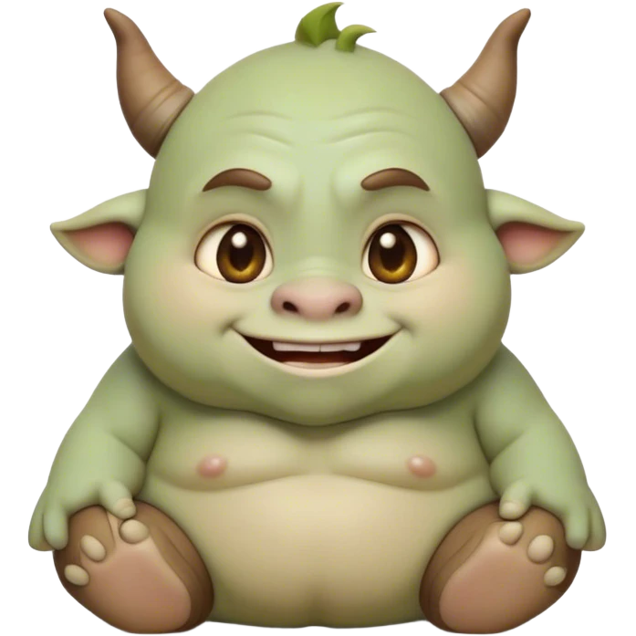 Cinematic Cute Ogre Portrait Emoji, with a surprisingly endearing, plump and huggable figure in soft earthy greens and browns, featuring big, kind eyes and a bashful smile, simplified yet irresistibly adorable, highly detailed with a soft glowing outline that captures the charm of a friendly giant who seems ready for a warm hug! emoji