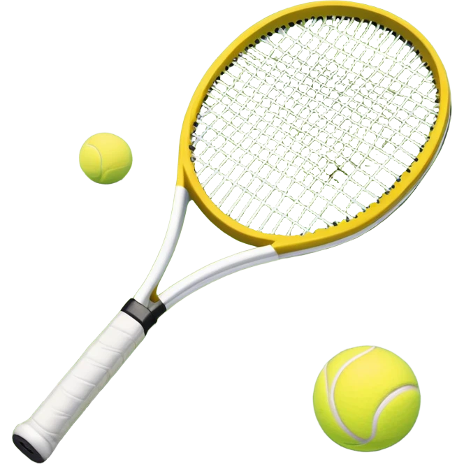 A tennis racket and ball on a grass or hardcourt surface, symbolizing the sport. The racket has a sleek design with tightly strung strings, while the bright tennis ball rests nearby, capturing the essence of precision, agility, and competition. emoji