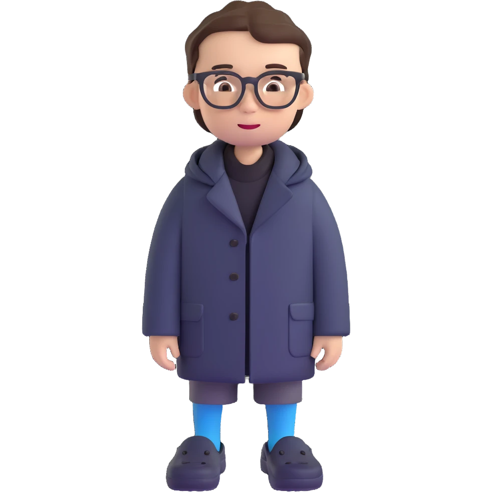 boy with glasses, short height, wearing crocs and a black coat emoji