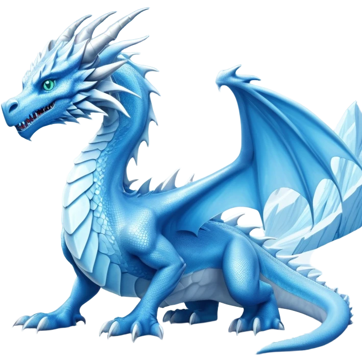 Cinematic Noble wise elegant Ice Dragon full body  Emoji, Poised and imposing, distinct long elegant snout, with a slender, scaled body shimmering in glacial hues of icy blue, frostbitten silver, and crystalline white, breathing out frost, with piercing, glowing ice blue white eyes that radiate the chilling depths of an arctic storm; rendered in detail. excuding wisdom emoji