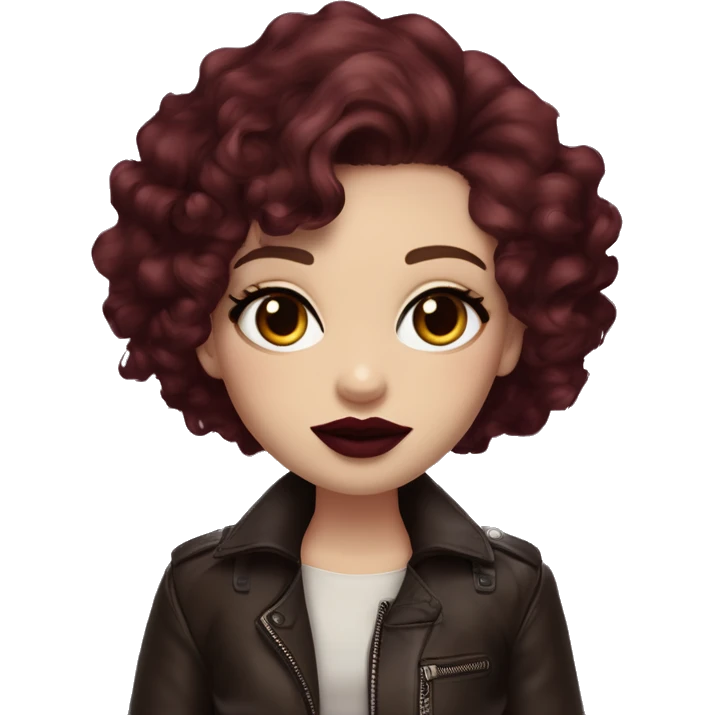 Girl with very pale skin, maroon curly short hair with a side part, heavy cat-eye makeup, long eyelashes, dark maroon blush and lipstick.  Her eyebrows are dark, arched and very high.  Hazel eyes. Big lips. Thin. Wearing a leather jacket  emoji