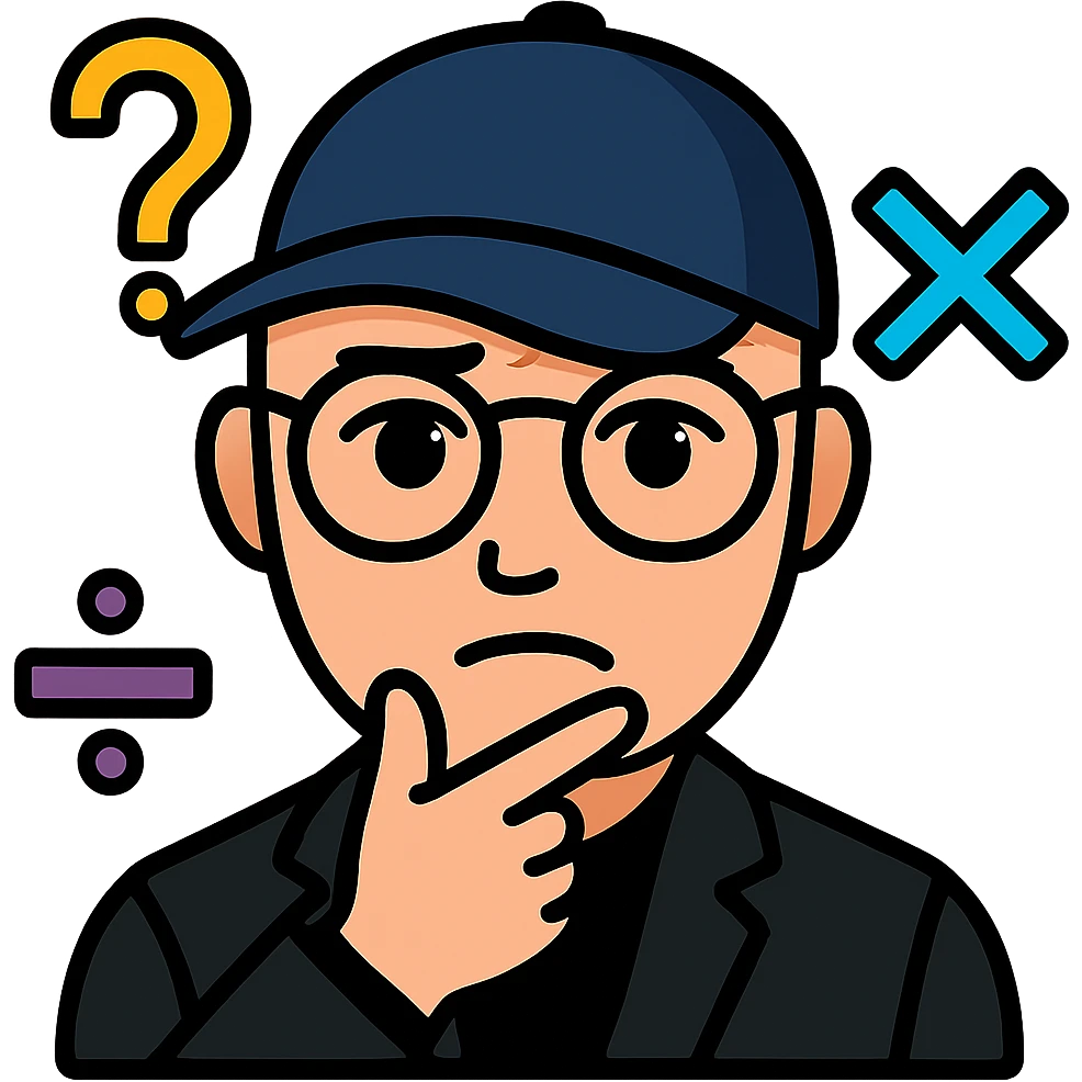 Add a baseball cap to the bald man with glasses surrounded by math symbols, thinking expression. Keep the background transparent. emoji