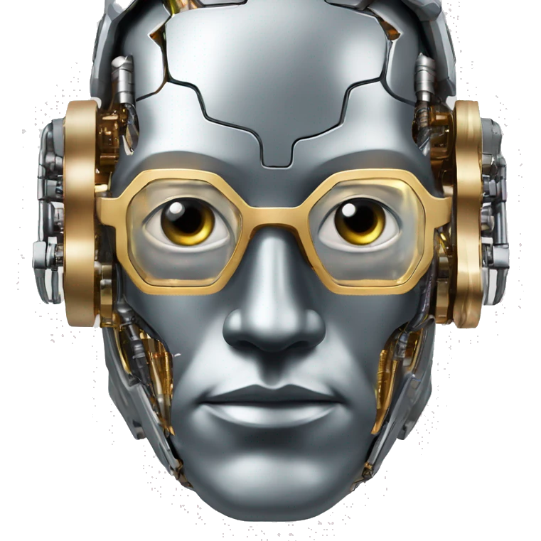 Male cyborg head with metallic plated face, flat top, glasses and circuits emoji