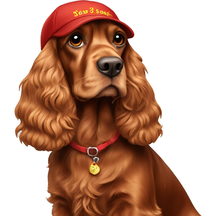A full-length, adult, red cocker spaniel in a New Year's cap emoji