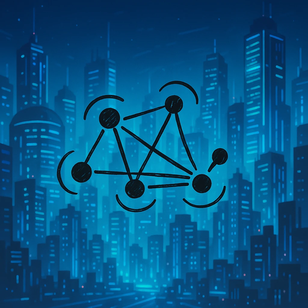 Add a futuristic city background, keep the hand-drawn neural network diagram as the main subject, maintain doodle style emoji