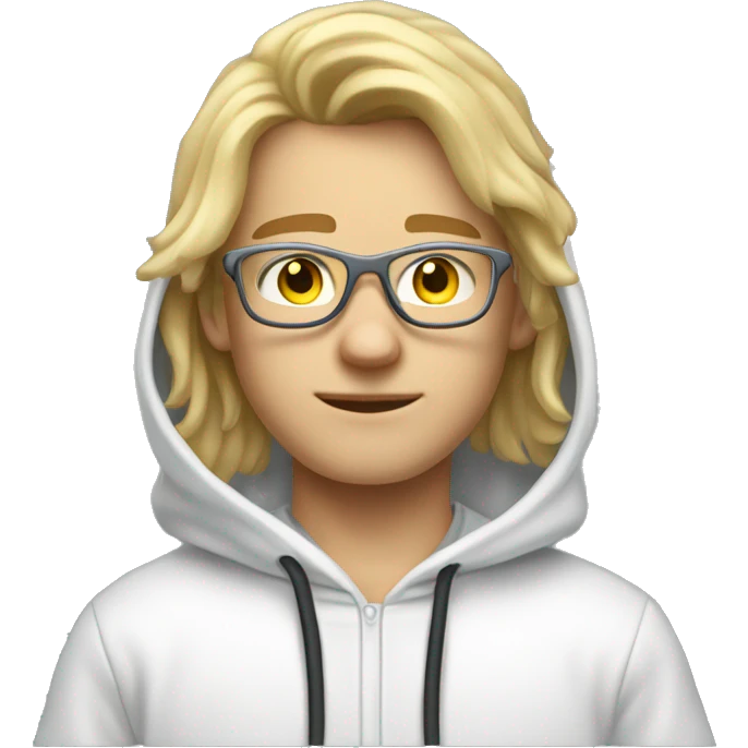 A youngh blond male student with a hoody that wears transparent glasses. He has medium long blond hair and wide shoulders emoji