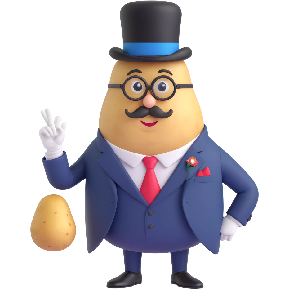 memoji-inspired potato, not personified, with monocle, suit, and top hat, looking like presidential candidate emoji