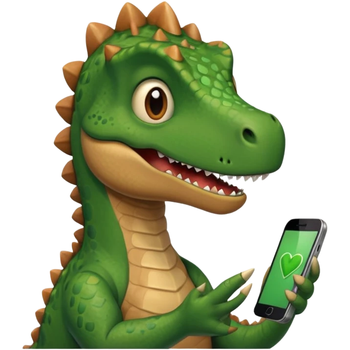 Dinosaur looking in phone with love in his eyes emoji