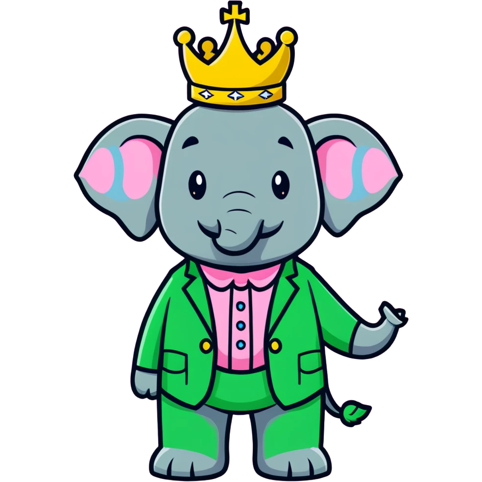 Babar the elephant king with crown and green suit emoji