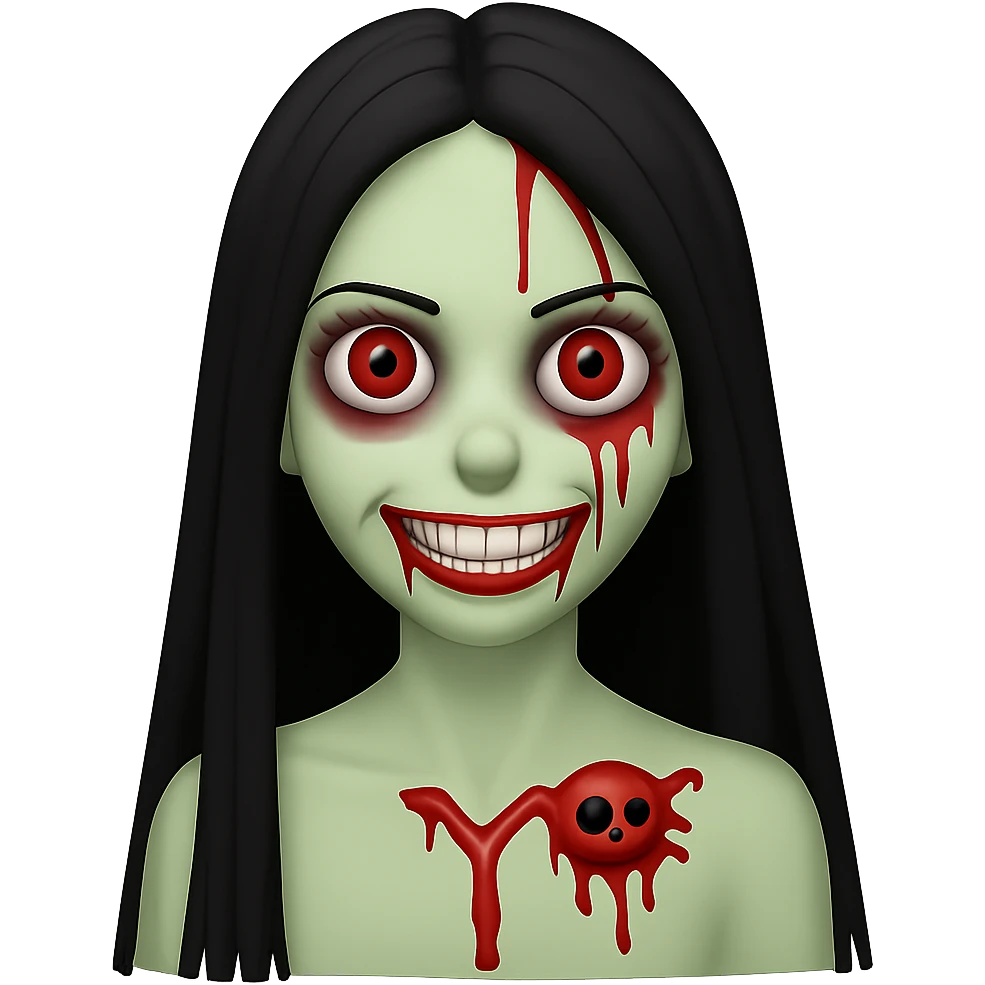 Make the black hair much longer, keep her as a white girl zombie with blood, creepy smile, no background. Remove the background completely to isolate the subject. emoji