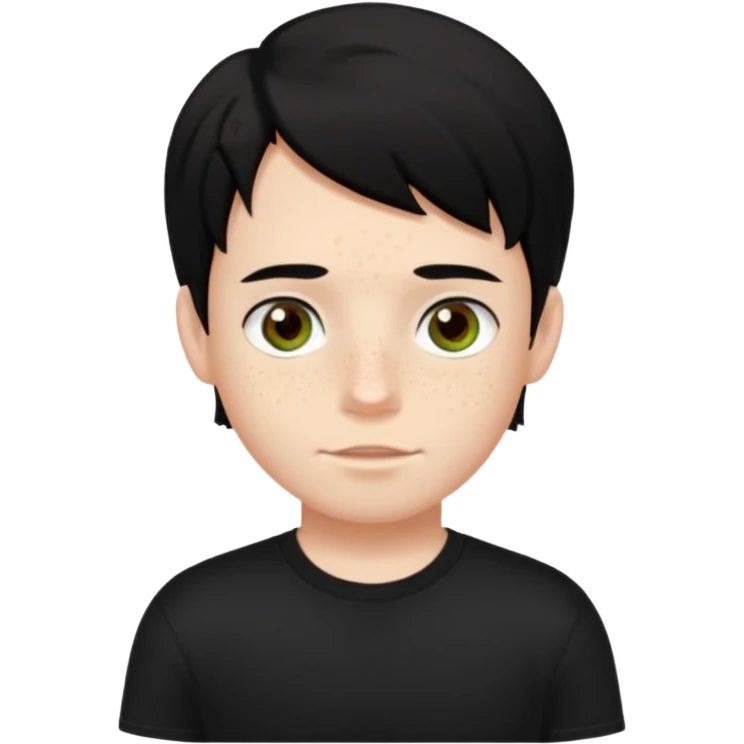 A boy with dark black hair and hazel green and brown eyes and white skin , with freckles and black t shirt with middle part hair hair with a center part emoji