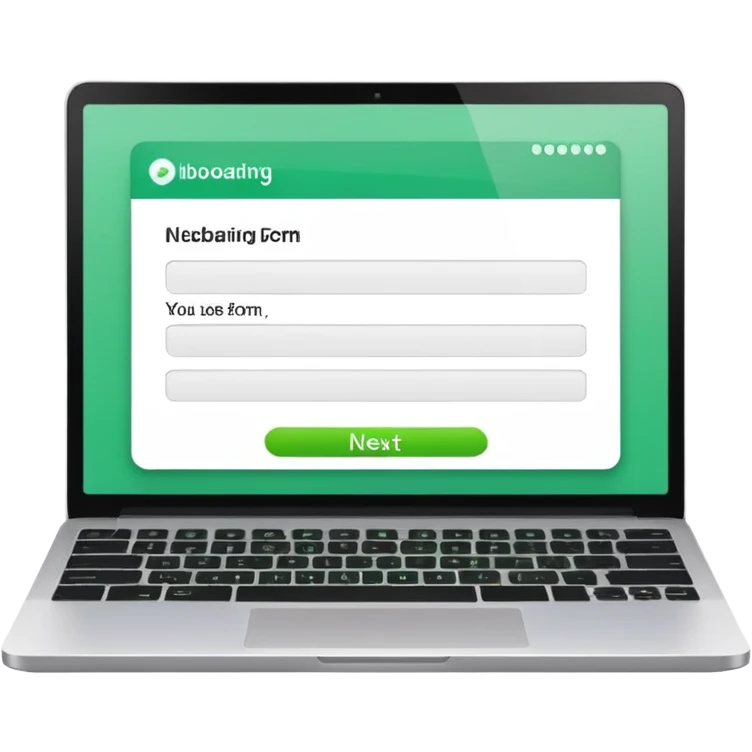 A emoji-style illustration of a laptop front facing with its screen showing onboarding form. On the screen, display a small white form card with a few simplified input fields. Add a bright green 'Next' button at the bottom of the card. emoji
